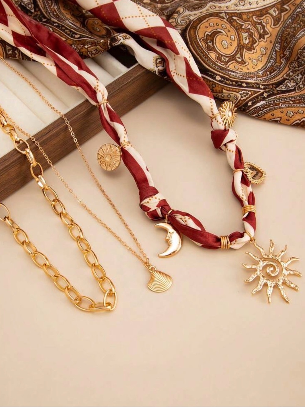 Boho Gold Sun & Moon Layered Necklace Set with Maroon Scarf - Picture 3 of 4